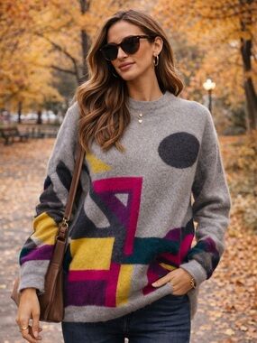 Womens Grey Geometric Wool Angora Blend Sweater with Pink & Yellow Accents